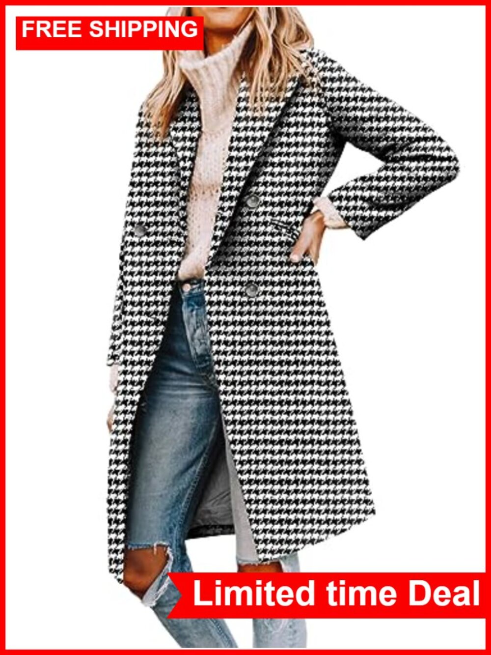 Women's Notched Lapel Double Breasted Pea Coat Mid Long Polyester Blend